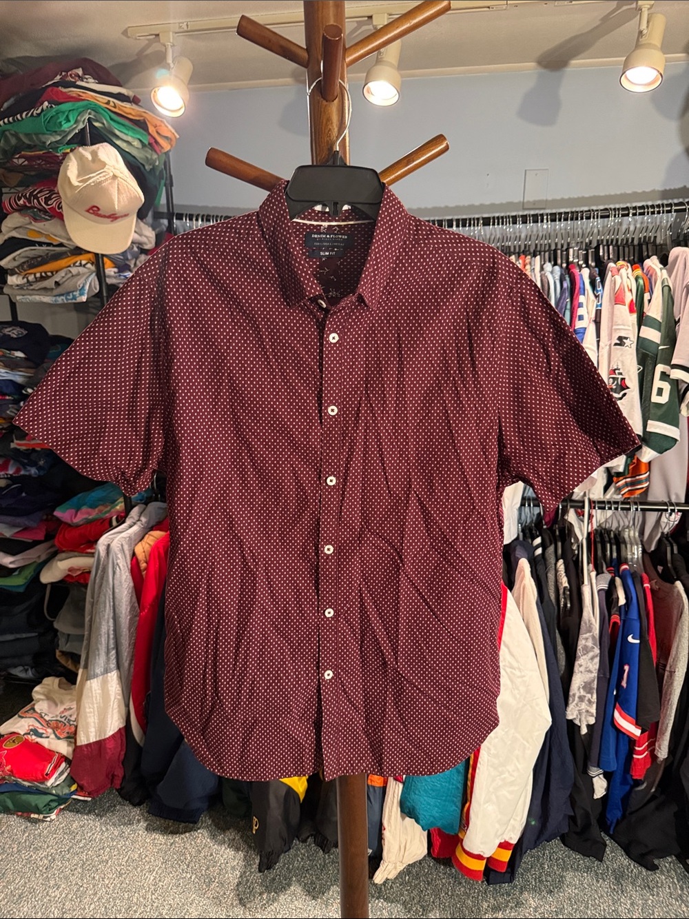 Denim & Flower Men's Burgundy Short-Sleeve Dot Button-Down Shirt